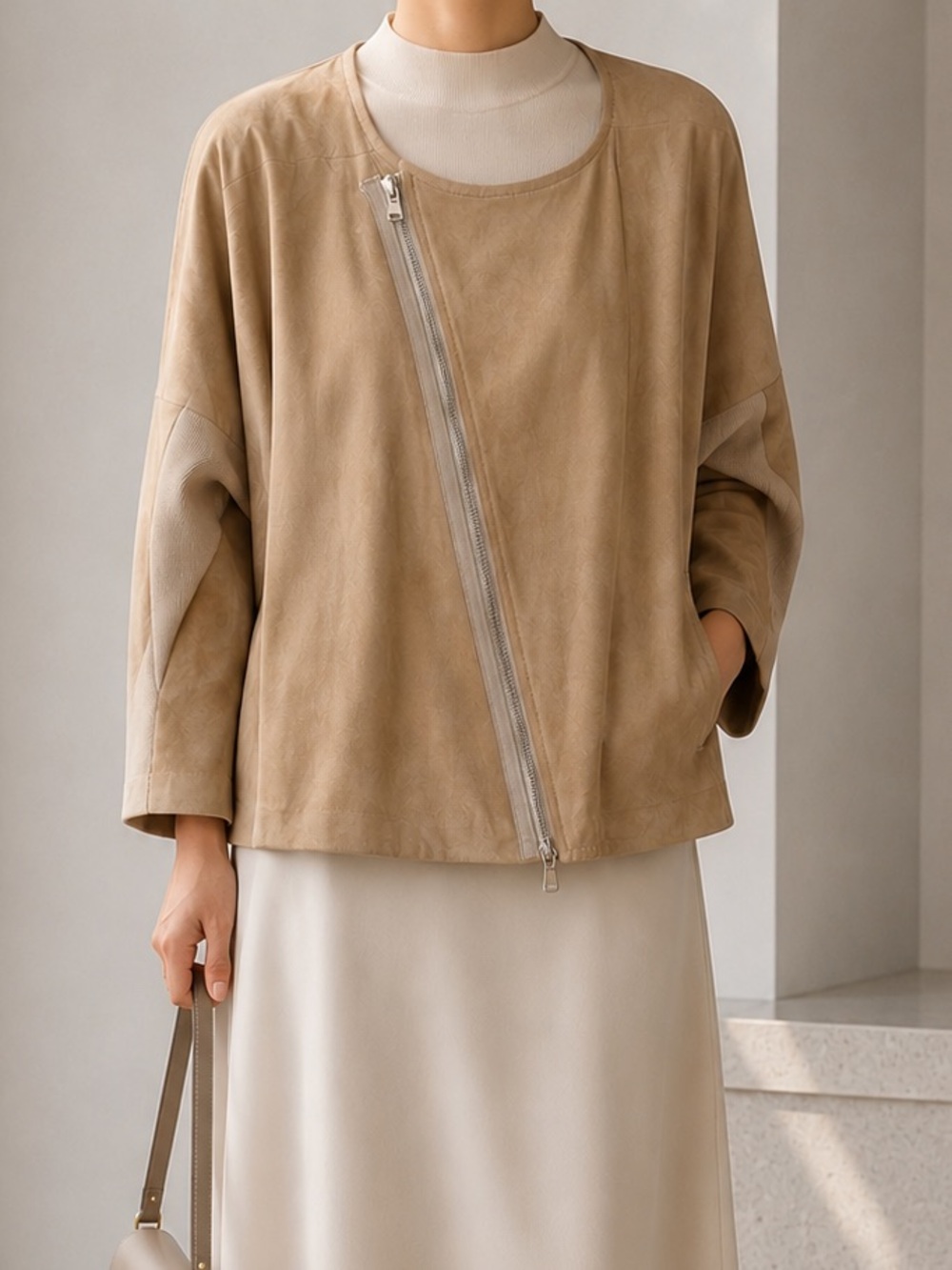 Beige Suede Leather Jacket - Asymmetric Zip - Liviana Conti